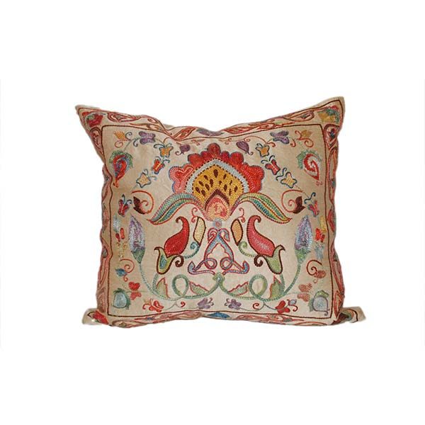 hand embroidered cushion with multicoloured design